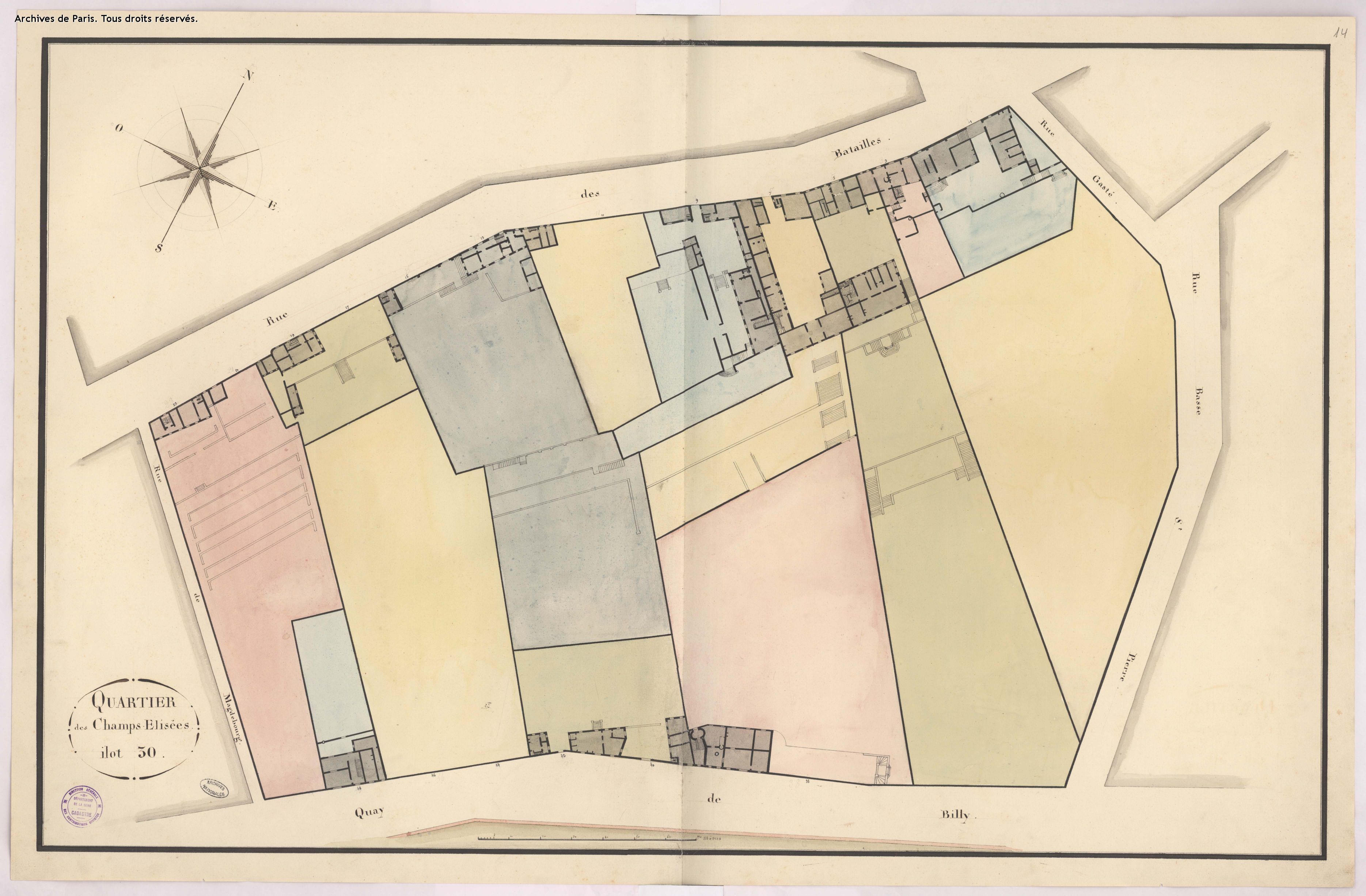Rue des bataillesRelevé cadastral 1810- Ilot 30
Compte tenu de l'orientation, je pense que la maison d'Israël Silvestre figure sur ce plan.